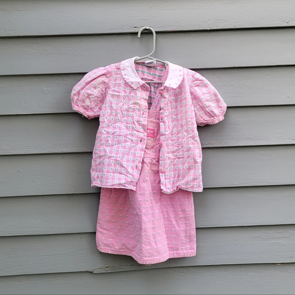 Vintage 90s Osh Kosh B'Gosh White Pink Cotton Check Floral Overalls Shirt Set 4T